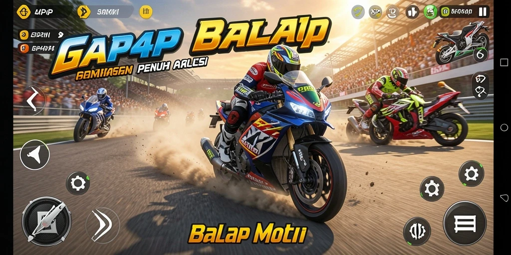 Tampilan antarmuka balapan motor yang dinamis dan menarik.