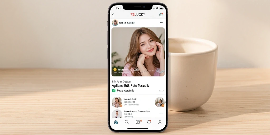 Antarmuka aplikasi 72LUCKY dengan fitur Edit Foto Aesthetic.