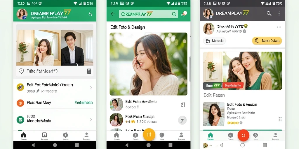 Screenshot antarmuka pengguna DREAMPLAY77 menampilkan alat edit foto aesthetic.