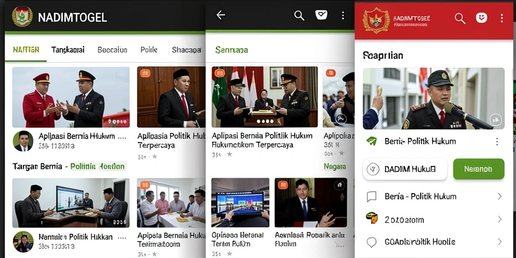 Antarmuka aplikasi NADIMTOGEL menampilkan berita politik dan hukum terbaru.